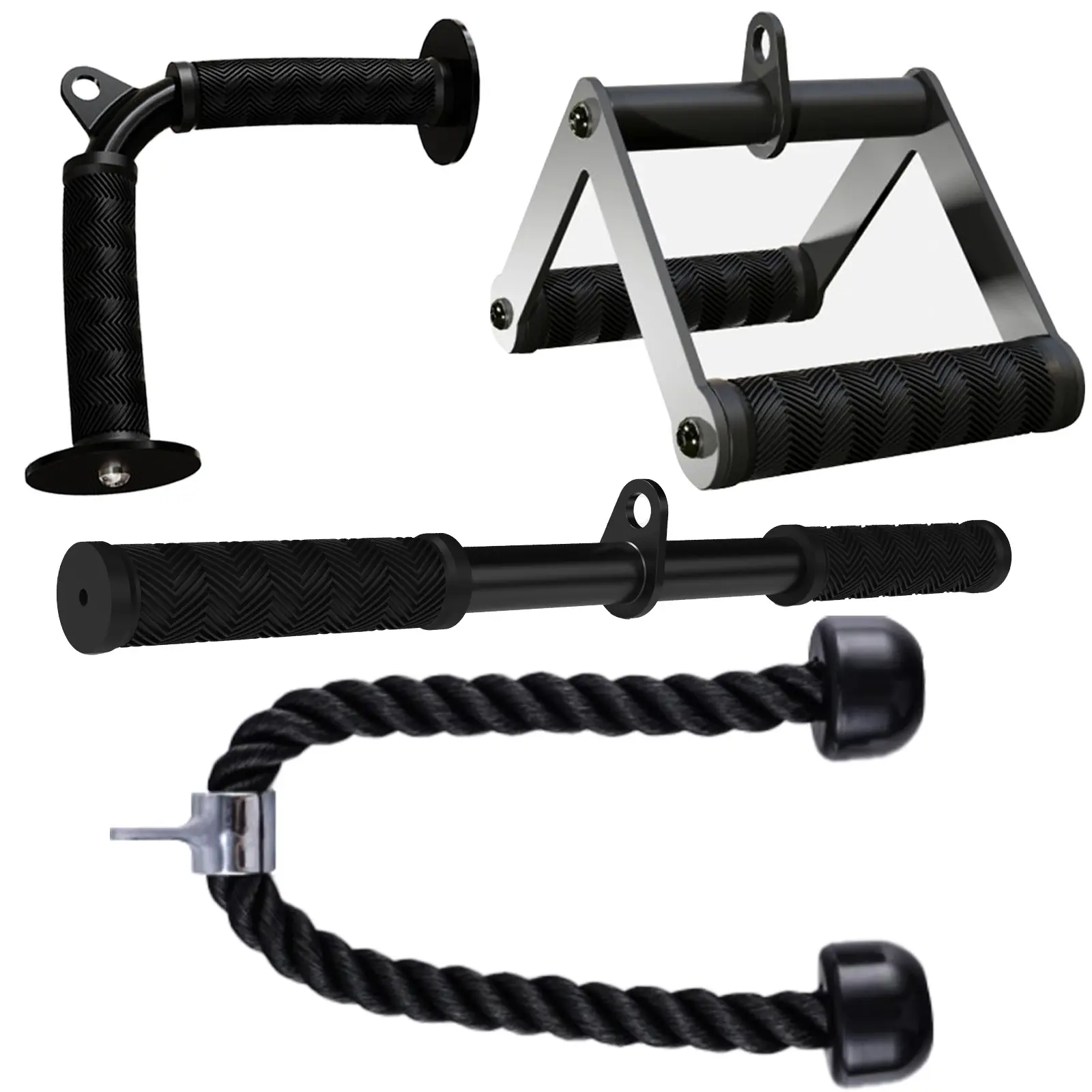 Fitarc Unisex 4-Piece Lat Pulldown Attachments Set, Matte Black Stainless Steel Cable Training Accessories with Rubber Non-Slip Grips for Home & Gym Workouts, 3-Year Secure-Hold Upper Body Fitness Gear