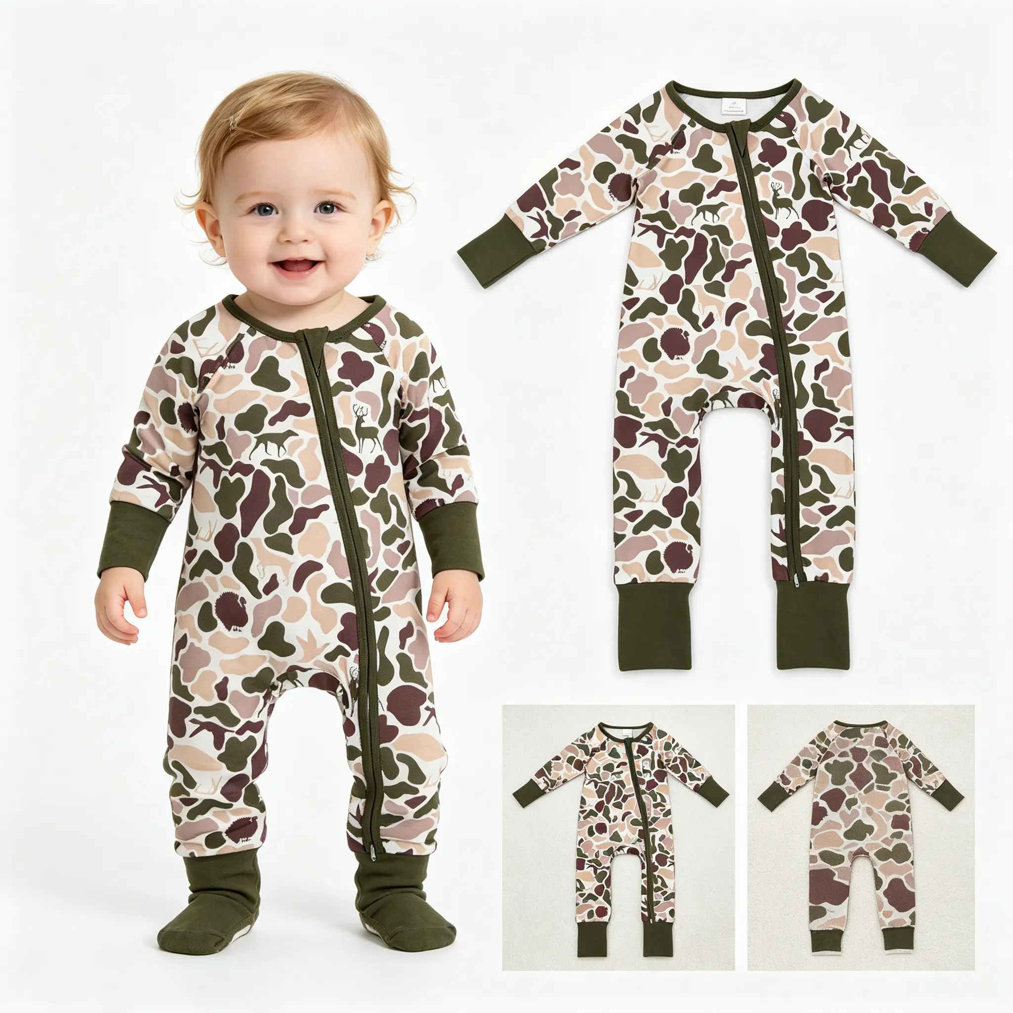 Newborn Baby Romper, Green Camo Long Sleeve Footie with Zipper, Cotton Winter Onesie, Infant Baby Shower Gift, Loose-Fit