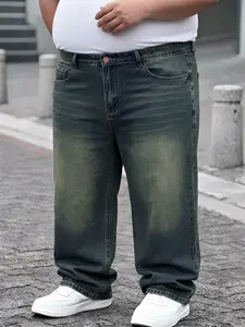Men's Plus Size Vintage Washed Wide Leg Denim Jeans, Oversized Casual High Waist Straight Leg Pocket Pants, Perfect Gift for Tall Men