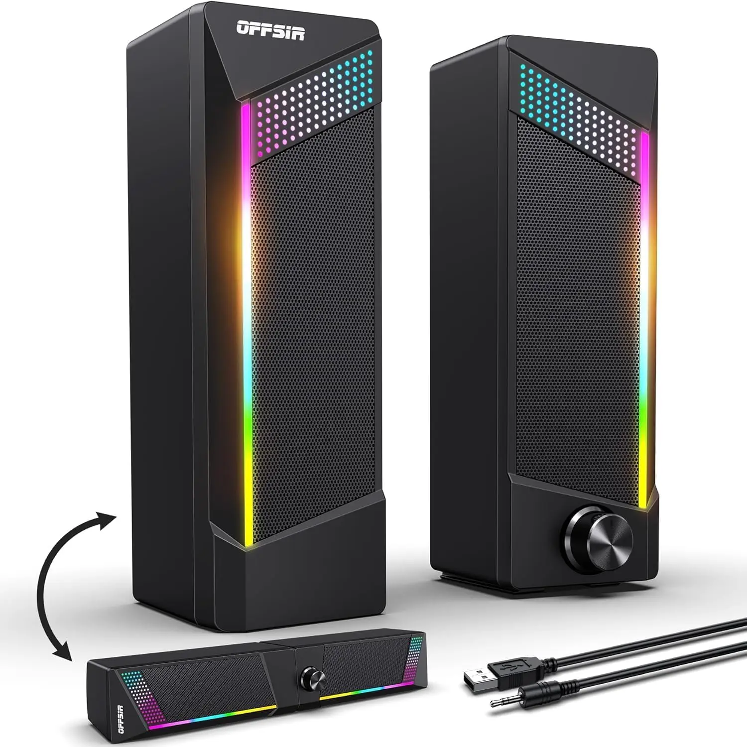 Durable 2-in-1 RGB Function Speaker Box Set, Compact Computer Gaming Audio Speakers, Touch-Sensitive Lighting, USB Power, 3.5mm Aux Input, Bass Boost, 2-Piece Stereo Pairing, Plug-N-Play (No Soundbar) for Laptops, Desktops