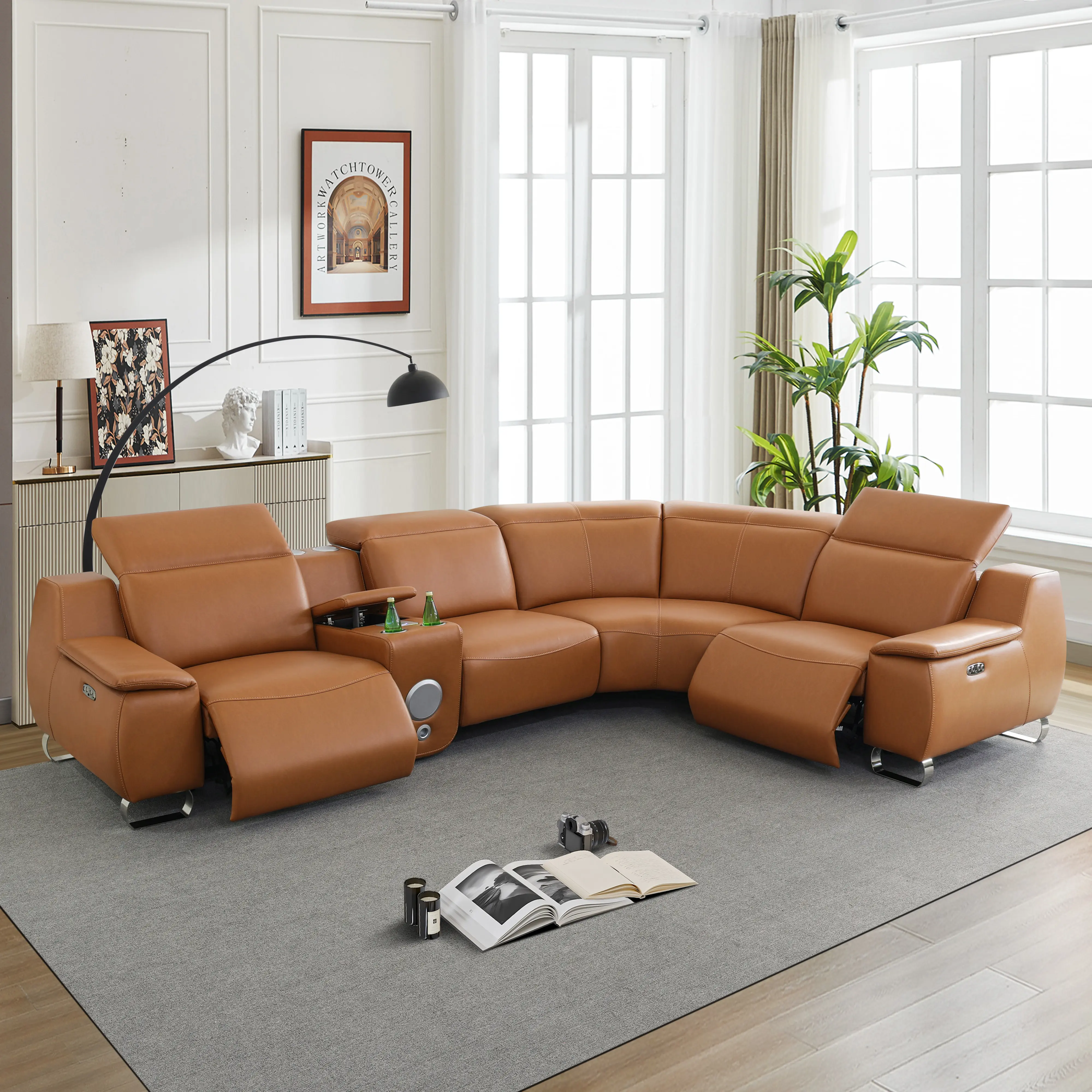 5-Piece Auto-Adjusting L-Shaped Leatherette Cushion Sofa Set - Orange Yellow Technical Fabric, Modern Indoor Furniture with Soft Cushions, Easy-Clean Upholstery for Home Theater & Family Lounge, Auto-Adjusting Sofa Sets, Leatherette Sofa Sets