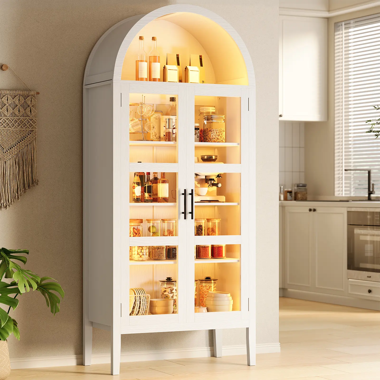 70" Tall Arched Pantry Display Cabinet with LED Lights & Glass Doors, Modern Wooden Storage with Adjustable Shelves, Multipurpose Bookshelf Organizer for Kitchen, Dining Room & Living Room