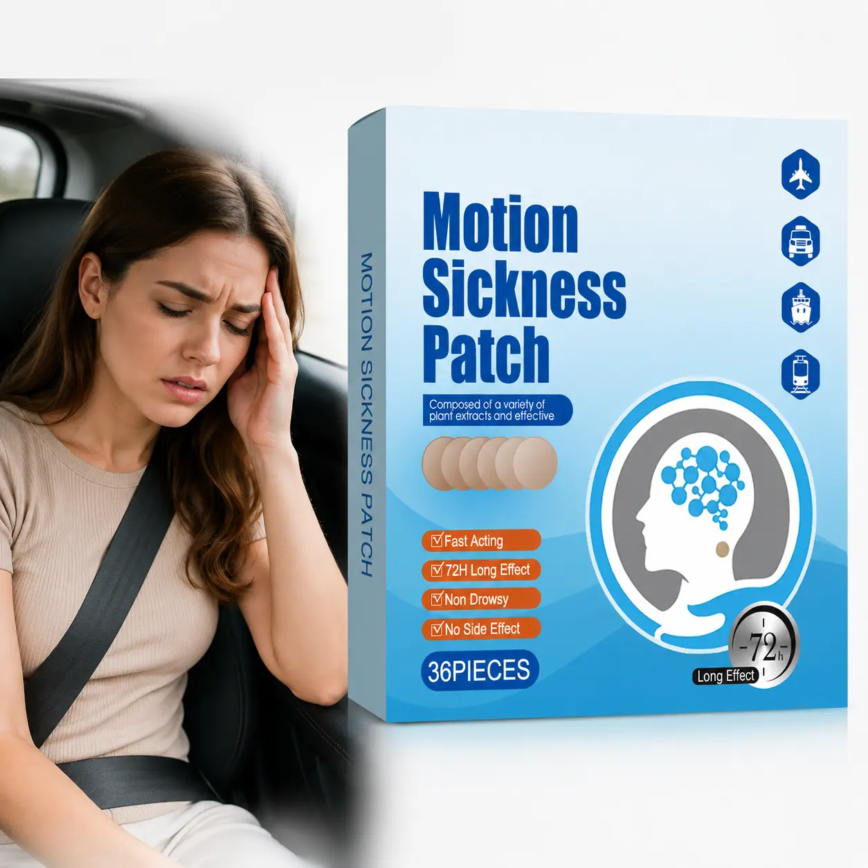 [Travel Essential] Motion Sickness Patches - Fast Relief for Car, Sea & Air Sickness, Refreshing Behind-the-Ear Strips