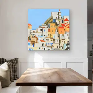 Begin Home Decor C1MP3232Z94FP7 32 x 32 in. Small Houses In Greece Wall Art - Orange Building Metal Print Decor