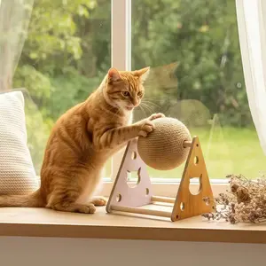 Cat Scratcher Toy, Natural Sisal Scratching Ball with Built-in Bell, Interactive Solid Wood Cat Scratching Ball for Cats & Kittens, Cat Scratcher Toy,Natural Sisal Rope Cat Scratching Ball Scratcher Toy with Ball for Cats& Kittens&Dogs&Puppy