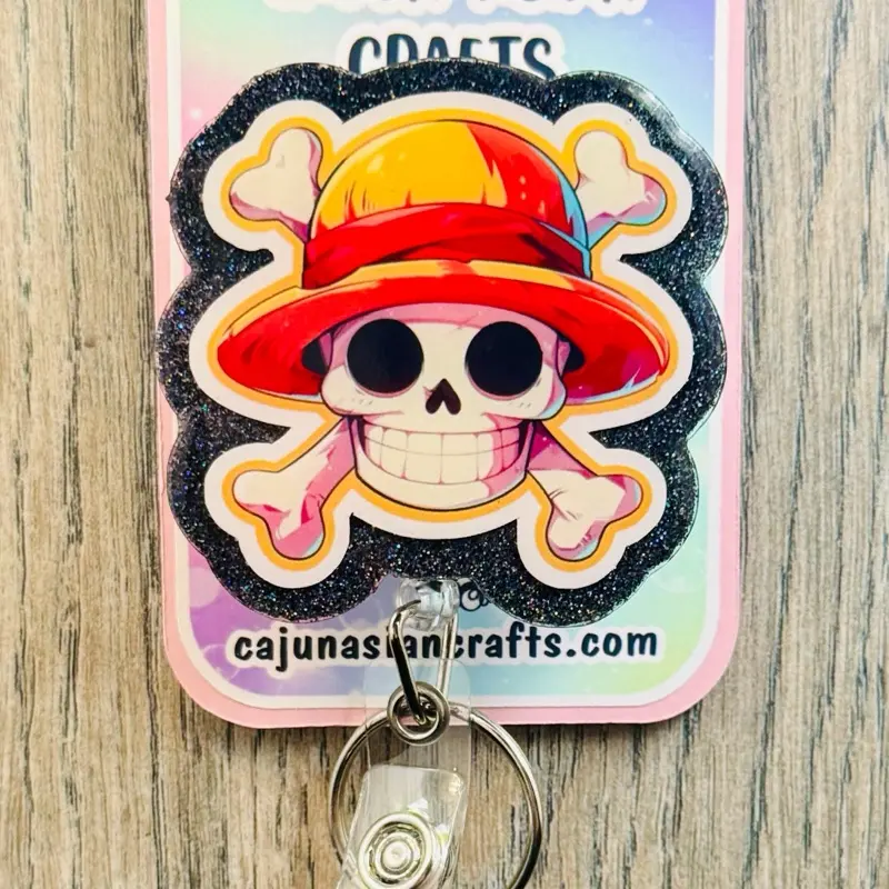Pirate Anime Skull Inspired Badge Reel/ID Clip Retractable-(Alligator, Belt, MRI Safe, Carabiner Clips) & Non-Retractable Clips
