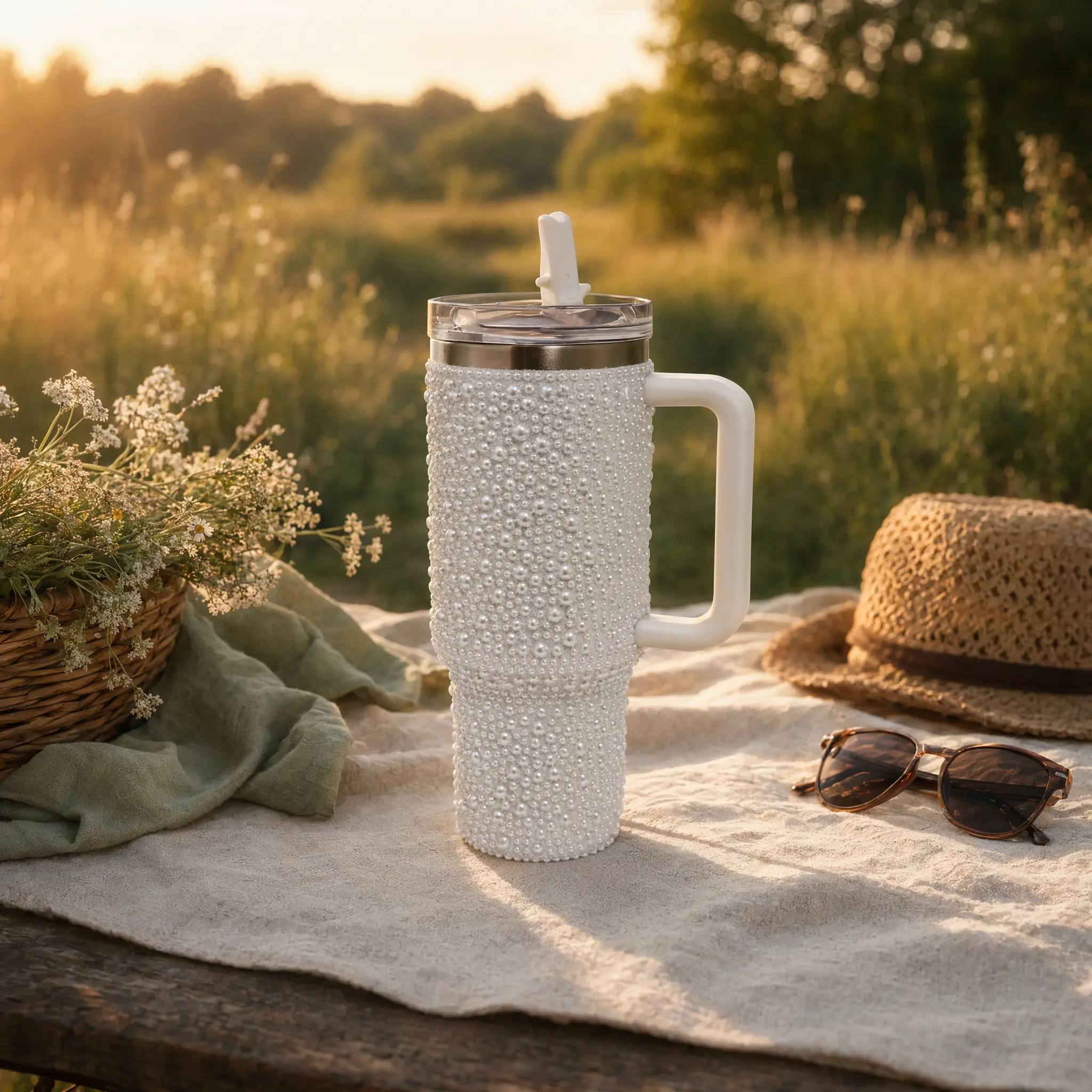 Women’s Luminous Stylish 40oz Rhinestone Insulated Stainless Steel Tumbler for Moms - Transparent Leakproof Lid, Silicone Handle, Straw - Portable Lightweight Sweat-Free Car Travel Mug, 24H Cold-8H Heat Retention, Ideal for Beach Use