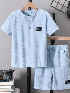 Two-piece Set Boy's Letter Patched Short Sleeve Tee & Shorts, Casual Round Neck T-shirt & Elastic Waist Shorts, Summer Clothes for Kids, Matching Outfits Set