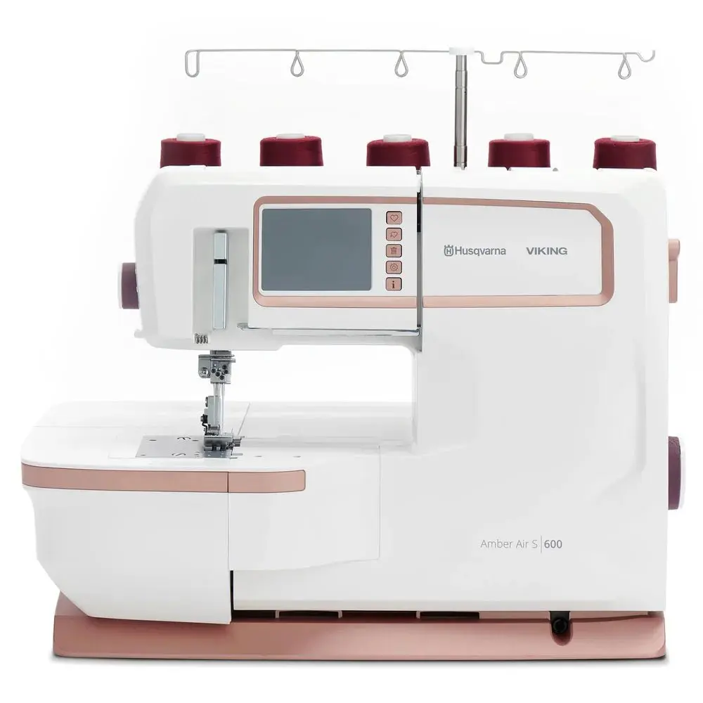 Viking Amber Air S 600 Coverlock Sewing Machine - Automatic, 2.5in Height, 4.8in Width, 26 Built-in Stitches, Knee Lift, Speed Control, Exclusive Sewing Advisor, Differential Feed, Color Touch Screen, Cleaner, for Garments & Decorative Finishes, Led Light