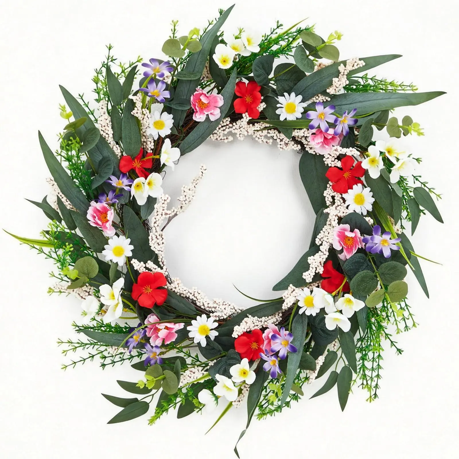 20 Inch Artificial Spring Flower Wreath for Front Door, Colorful Floral Door Wreath with Eucalyptus Leaves, Daisies, and Mixed Blooms for Indoor Outdoor Porch Wall Window Home Decor