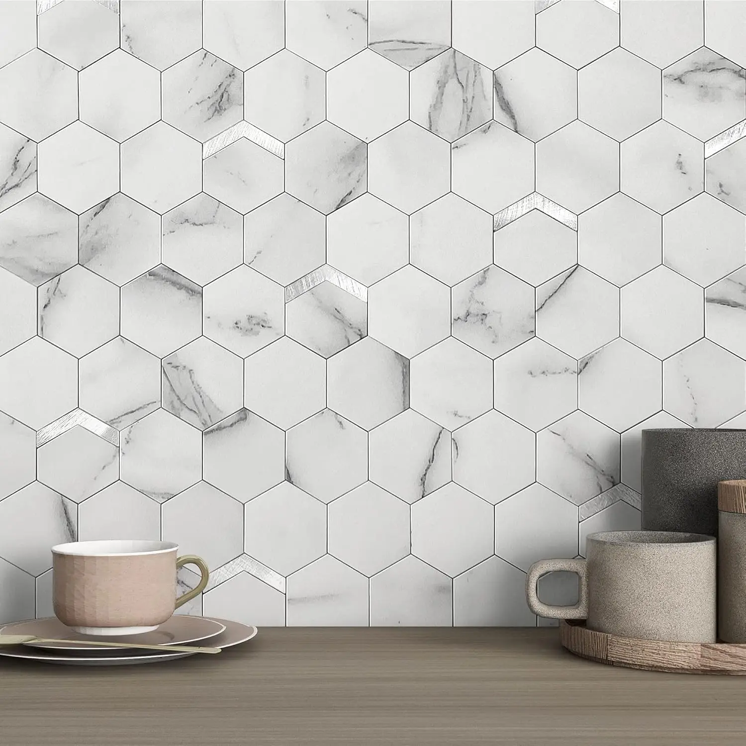 3.0 mm Thick Peel-and-Stick Hexagon Marble Wall Panels, Easy DIY Low-Maintenance Backsplash Tile for Kitchen & Shower, White (10pcs)