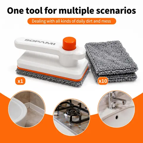 SOPAMI Compact Handheld Mini Contactless Flat Mop - Hands-Free Disposable Wipe System, 10 Microfiber Set+Pads, Easy Clamp Floor Cleaning Tool for Kitchen/Bathroom, Fur-Free Floors, Sill-Level Clean Wet Dry Mop