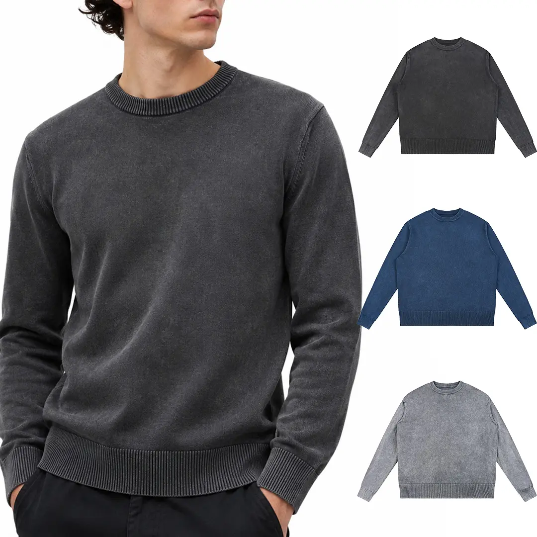 Gihuo 2-Pack Mens 100% Cotton Washed Knit Sweater, Stretch-Fit Crewneck Pullover, Vintage Casual Long Sleeve Top for Men & Women Basic Blue