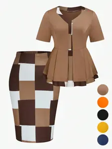 Plus Size Women's Knit Fitted Geometric Print Fashion Colorblock Square Neck Short Sleeve Half Skirt Two Piece Set
