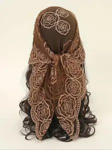 Floral Embroidery Mesh Scallop Trim Bandana, Boho Style Scarf, Women's Scarf for All Seasons, Fashion Accessories for Women
