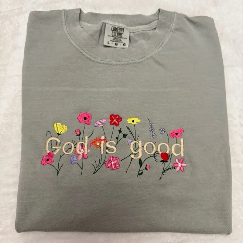 Faith based cute floral embroidered comfort colors tee / God is good Jesus is King floral cute floral spring embroidered comfort colors T-shirt / Christian apparel Tshirt