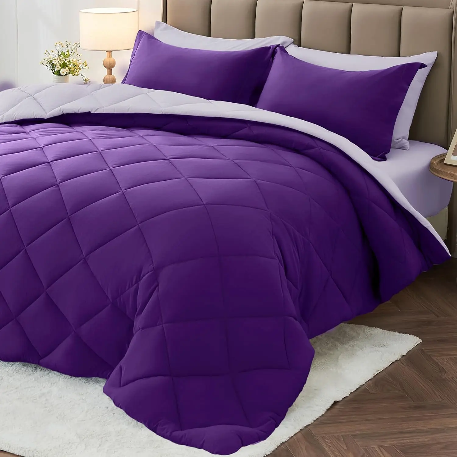 Purple-Lavender Twin Bedding Set (5-Piece) - Quick Drying, Breathable, Durable, Box Stitching, Elastic 14" Deep Pocket - Includes Comforter, Flat Sheet, Fitted Sheet, Pillowcases, Shams, Storage Bag