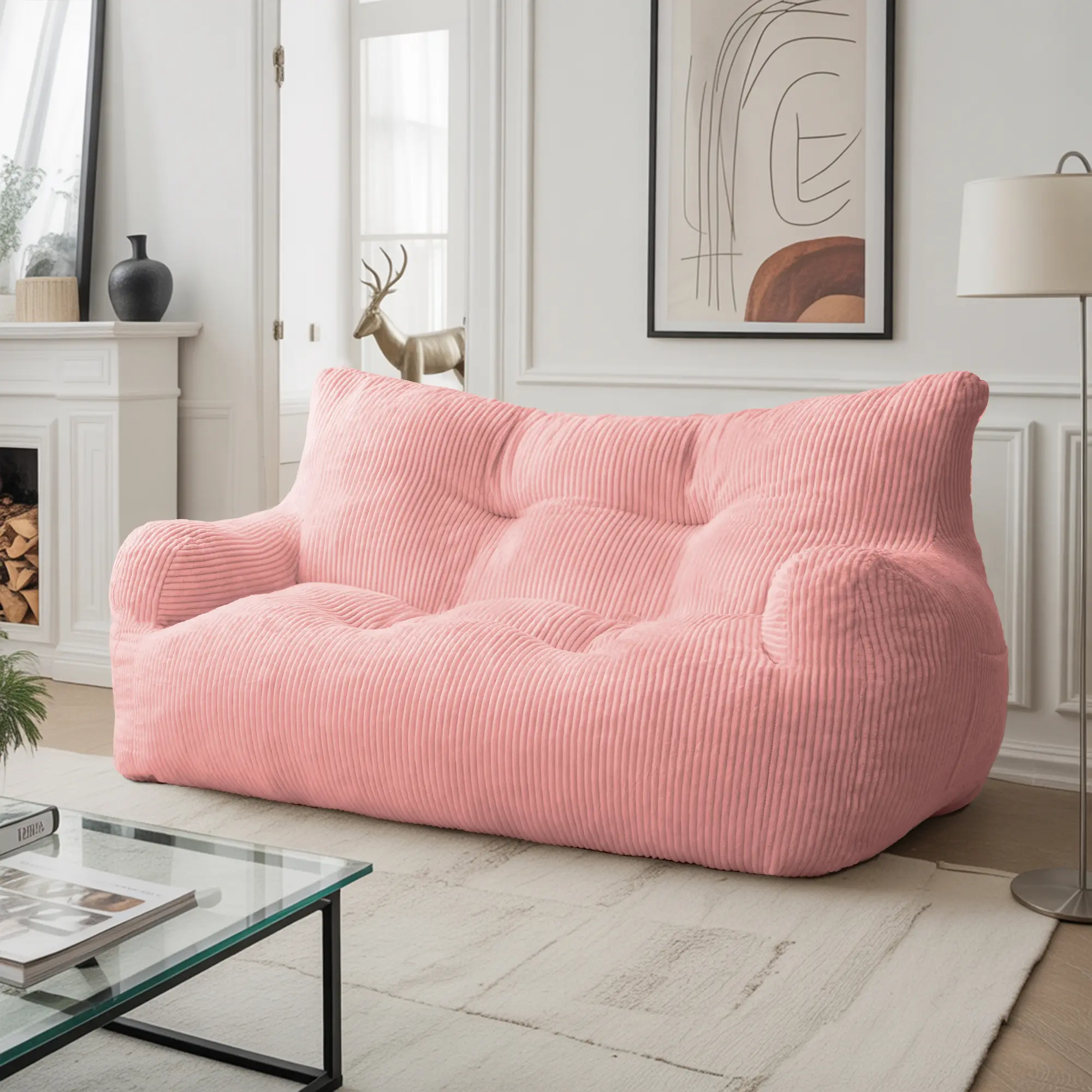 【SummerVibes】Corduroy Bean Bag Chair Couch, Lazy Sofa Chair with High Density Comfortable Foam Modern Bean Bag for Living Room Bedroom Office Pink Beanbag Cushion Beanbag Lounger, Fireside Chair