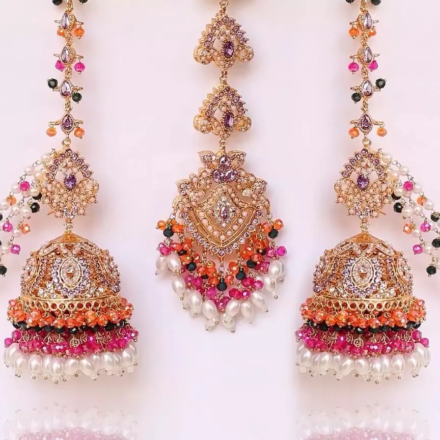 Ariana Set - 3 Piece Set - Jhumkas with attached ear chain and teeka - Jewelry - Pakistani Jewelry -  Anniversary- ethnic jewelry - accessories - Wedding -  Engagement -  Female -  Metal Coating