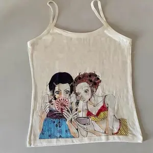 The Fortune Family Nana Hachi Anime Tank Top Cream White Spaghetti Strap Tee with Nana and Hachi Illustration Design