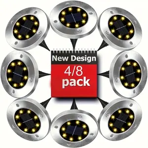 Solar Outdoor LED Ground Lights - Low-Profile Stainless Steel Body, High-Intensity Waterproof Semi-Embedded Pathway Lights with Auto Switch for Garden, Patio (4/8 Pack), Solar Outdoor Lights