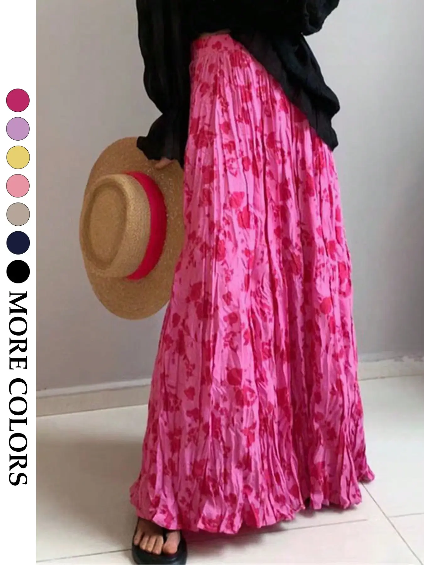 Women's Elastic High Waist Fit Ditsy Floral Crinkle Maxi Skirt Smocked Pleated Flowy Long Skirts, High Waisted Skirt, Boho Casual Skirts, Bohemian Summer Skirts, Hot Pink Boho Beach Vacation Summer Resort Wear Maternity Friendly Lightweight Cover Up Skirt