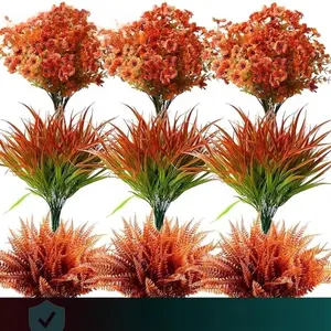 Artificial Pumpkin Flower Plant Decoration, 18pcs/set Faux Fall Flowers Grass Ferns Arrangements, UV Resistant Outside Faux Fall Greenery for Pot Garden Window Box Patio Home, Fruit