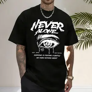Streetwear “Never Alone” themed print T-shirt featuring a dark graffiti eye design; available in black and white; loose crew neck fit; unisex streetwear top—essential for everyday outings.