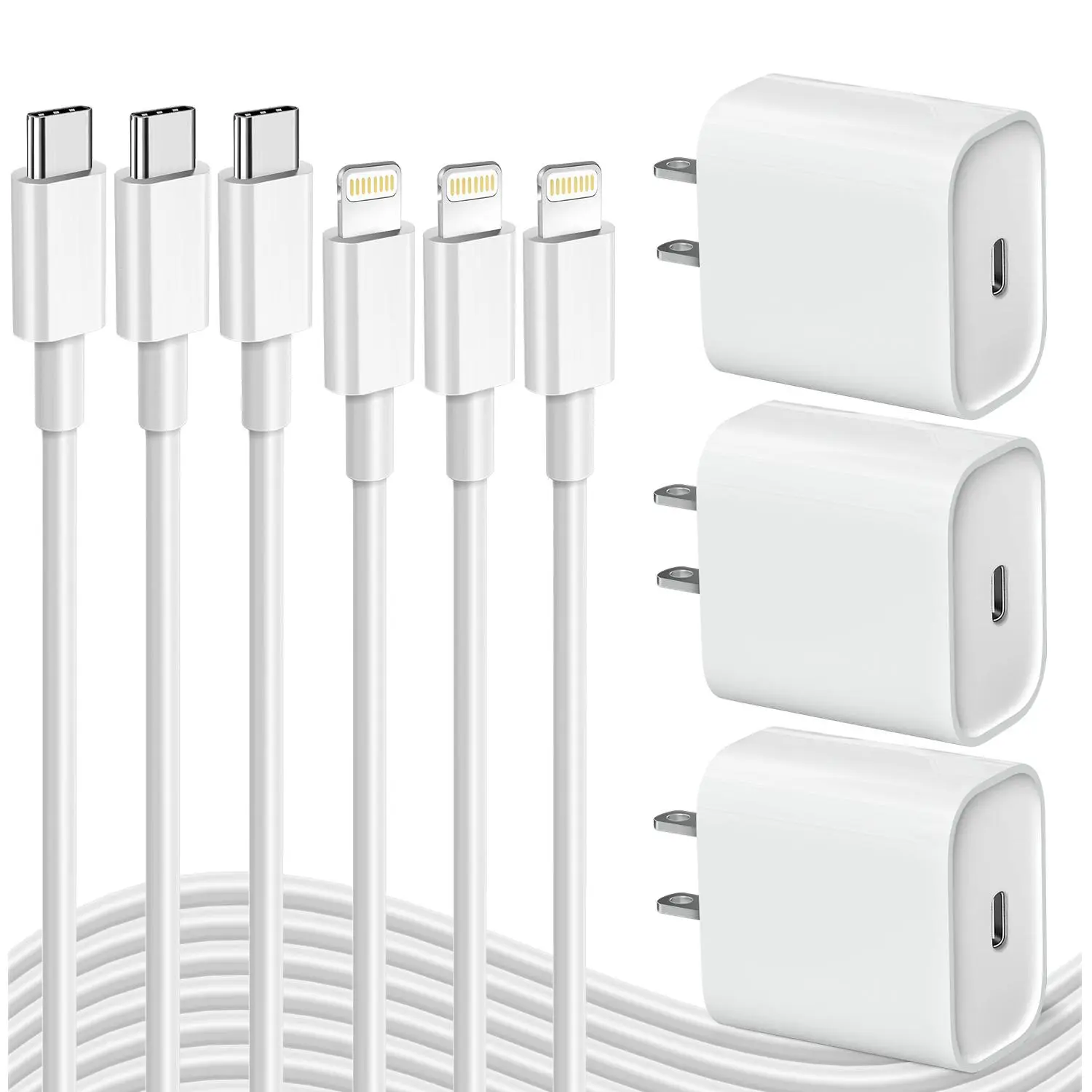 APFEN 6-Pcs 20W Power Cellphone Charger Set - MFi Certified USB Quick Charge, 3x Faster, Triple Safe Type-C Travel Plug with 5Ft/6Ft Type-C to Lightning Cables for iPhone 14/13/12/11 Pro Max, Electronic Device Protection, Mobile, Smartphone, Usb C Output