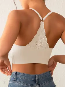 Women's Solid Color Lace Insert Sports Bra, Breathable Comfortable Wireless Sports Bra, Ladies Sportswear for Indoor Outdoor Wear, No Underwire, Soft Breathable Bra