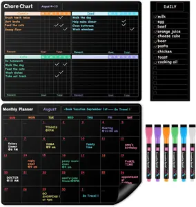 Fridge Black Whiteboard Calendar Set(3-Pack), 1 count  Chore Chart and 1 count Refrigerator Planner Calendar,1 Pcs List and 6 Markers, Chore Chart for  Multiple  Teens Adults Family