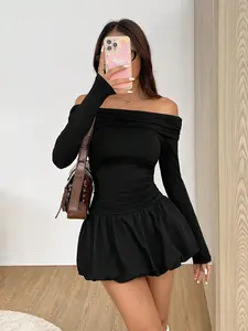 Women's Dress, Off-Shoulder Ruffle Hem Long Sleeve Mini Dress, Sexy Young Girl Party Fashion, All Seasons