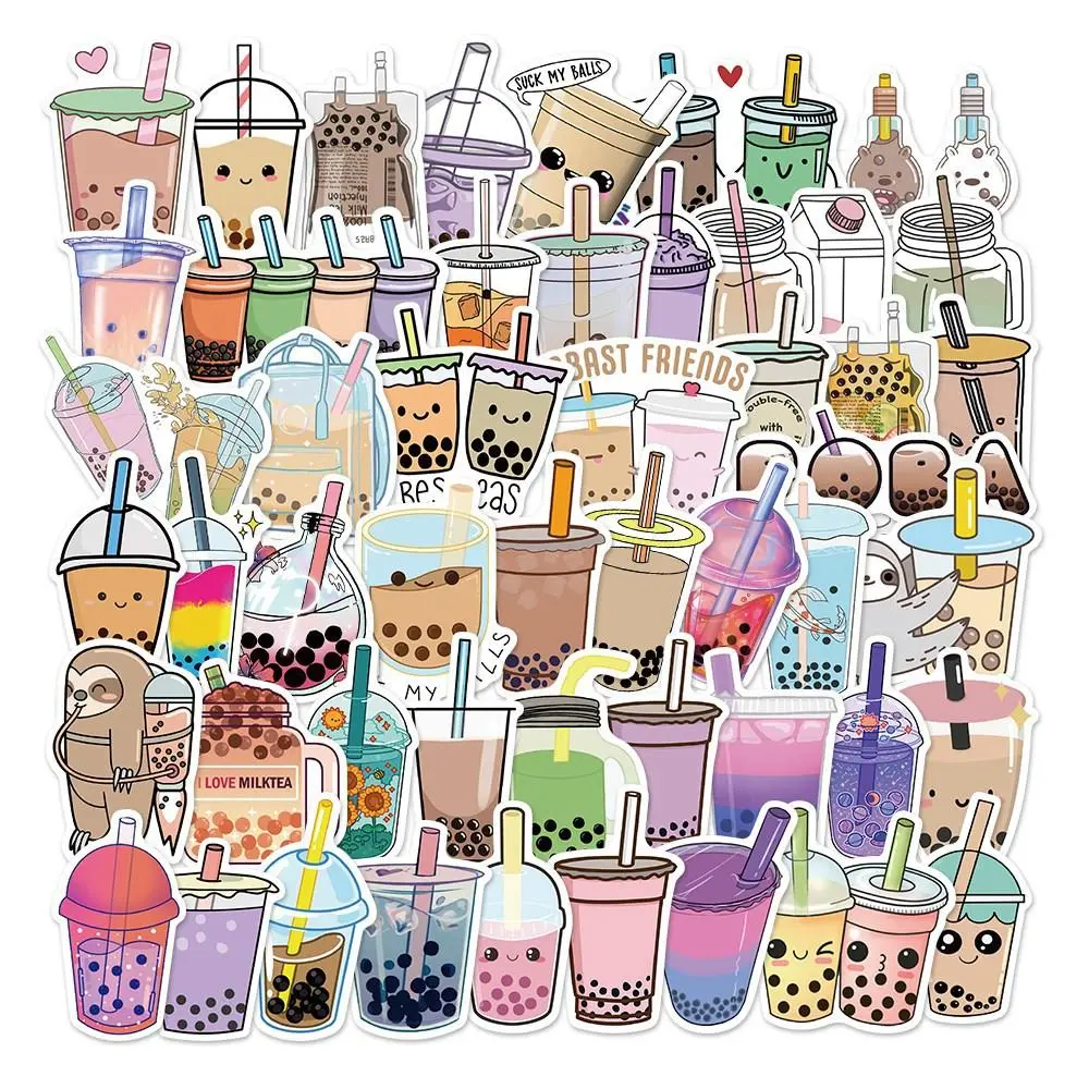 Cartoon Bubble Tea Pattern Sticker, 50pcs/set Creative Cute Bubble Tea Sticker, DIY Decorative Sticker for Stationery & Computer & Water Bottle