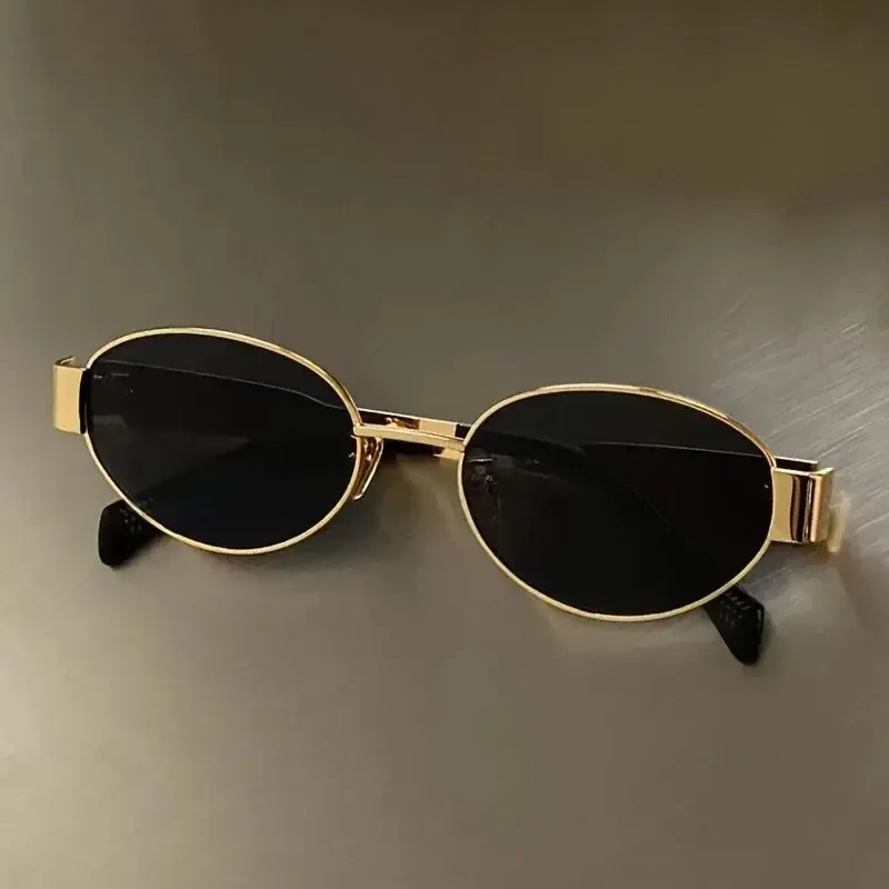Women's 90s Vintage Thin Gold Metal Frame Oval Sunglasses - UV400 Dark Lenses, Y2K Street Fashion Slim Eyewear