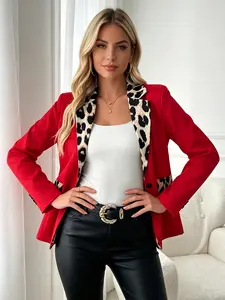 A fashionable, Elegant, Chic Fitted women's red leopard print lapel patchwork suit jacket, with a contrasting leopard print lapel design that is eye-catching and suitable for commuting to work, shopping, and outdoor wear