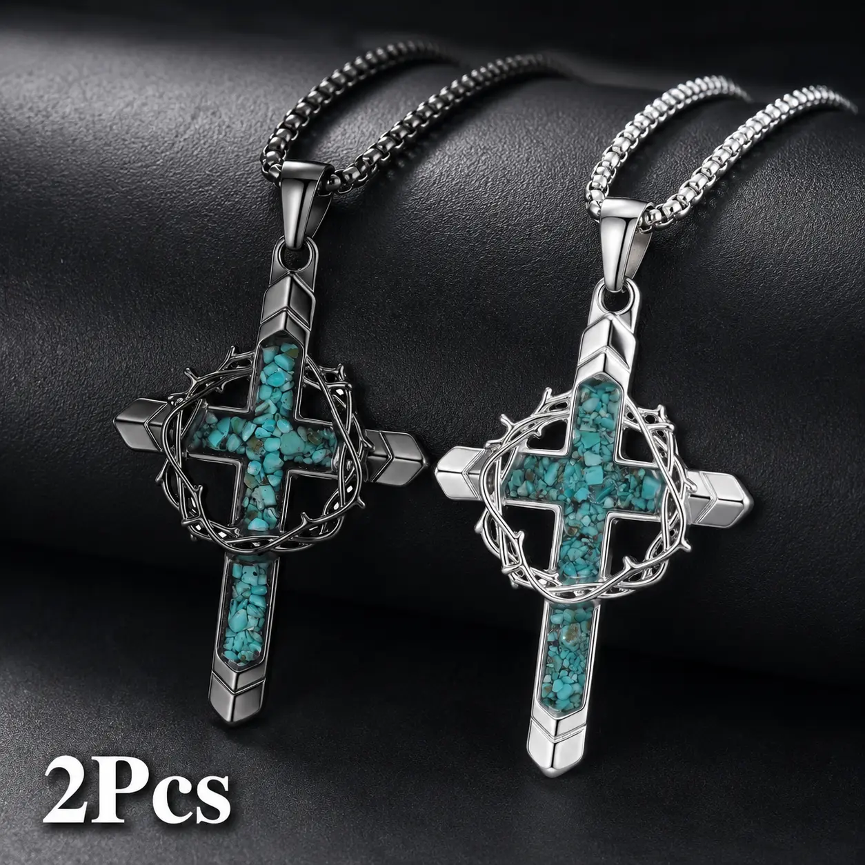 2Pcs Cross Necklace for Men, Turquoise Cross Pendant Necklace with a Thorny Wreath and Cross Design, Religious Christmas Birthday Gifts for Men And Women Jewelry Present