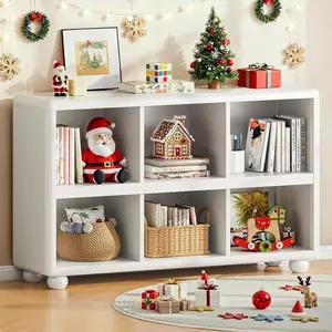 ONBRILL Wooden Bookcase with 6 Cube Storage, Kids Bookshelf with Sphere Foot, Sturdy Toy Storage Organizer, Safe Rounded Corners Bookcase for Living Room, Playroom, Nursery