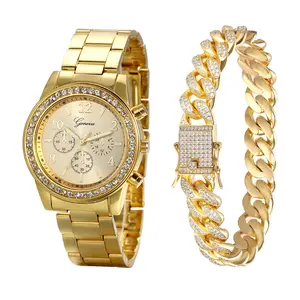 OIDEA Mens 2 Piece Cuban Link Watch and Bracelet Set, Gold Tone Stainless Steel Big Dial Quartz Watch