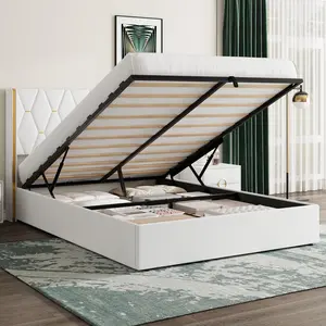 Garvee - Marco de Cama de Almacenamiento de tamaño Queen con cabecero Dorado con Respaldo de ala, Marco de Cama tapizado de Terciopelo con diseño de Diamante y Borde Dorado, Soporte hidráulico, no