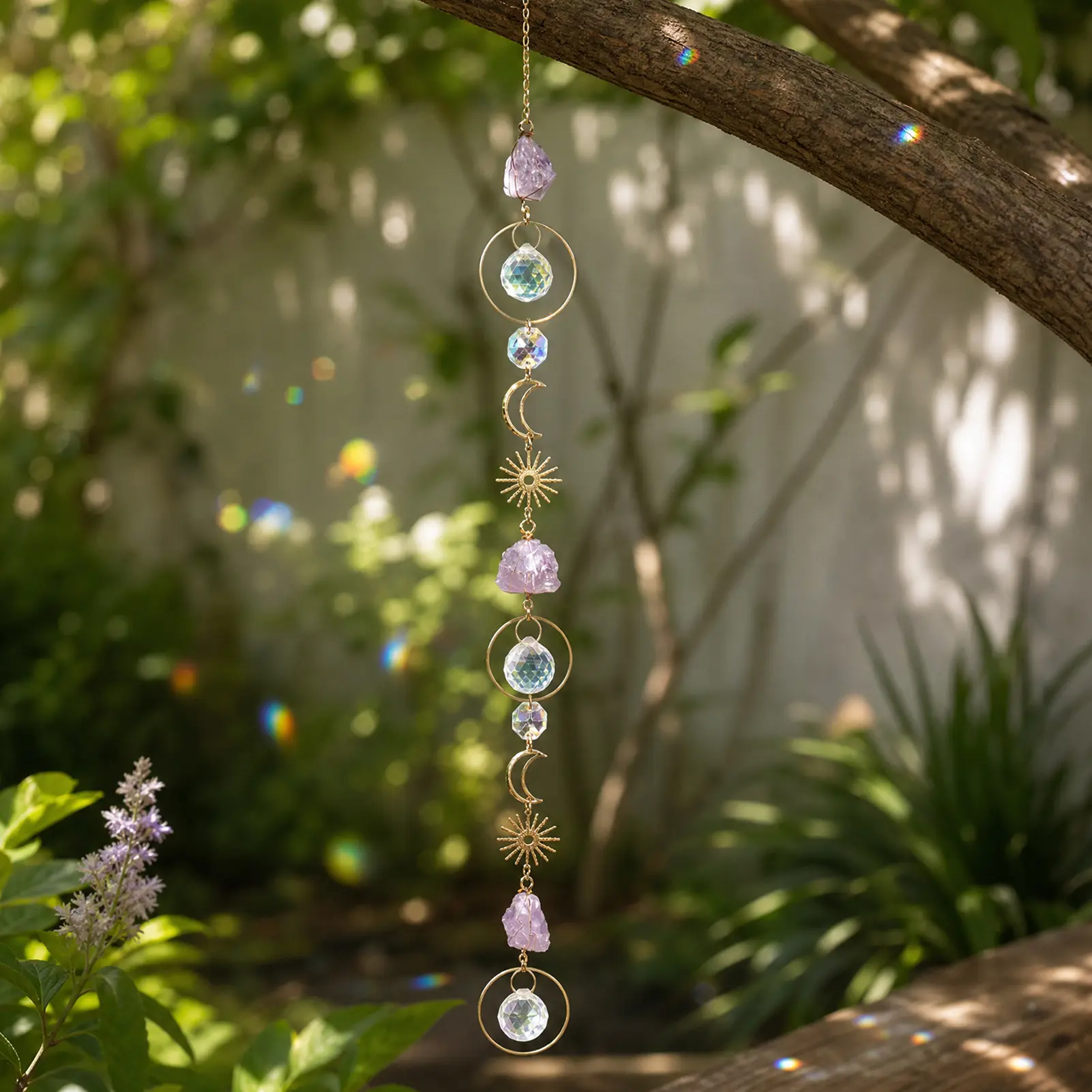 Crystal Sun Catcher, Amethyst Suncatchers Hanging Wind Chime, Handmade Rainbow Maker Indoor Outdoor Decor for Window Bedroom Courtyard Garden, Bless Gift