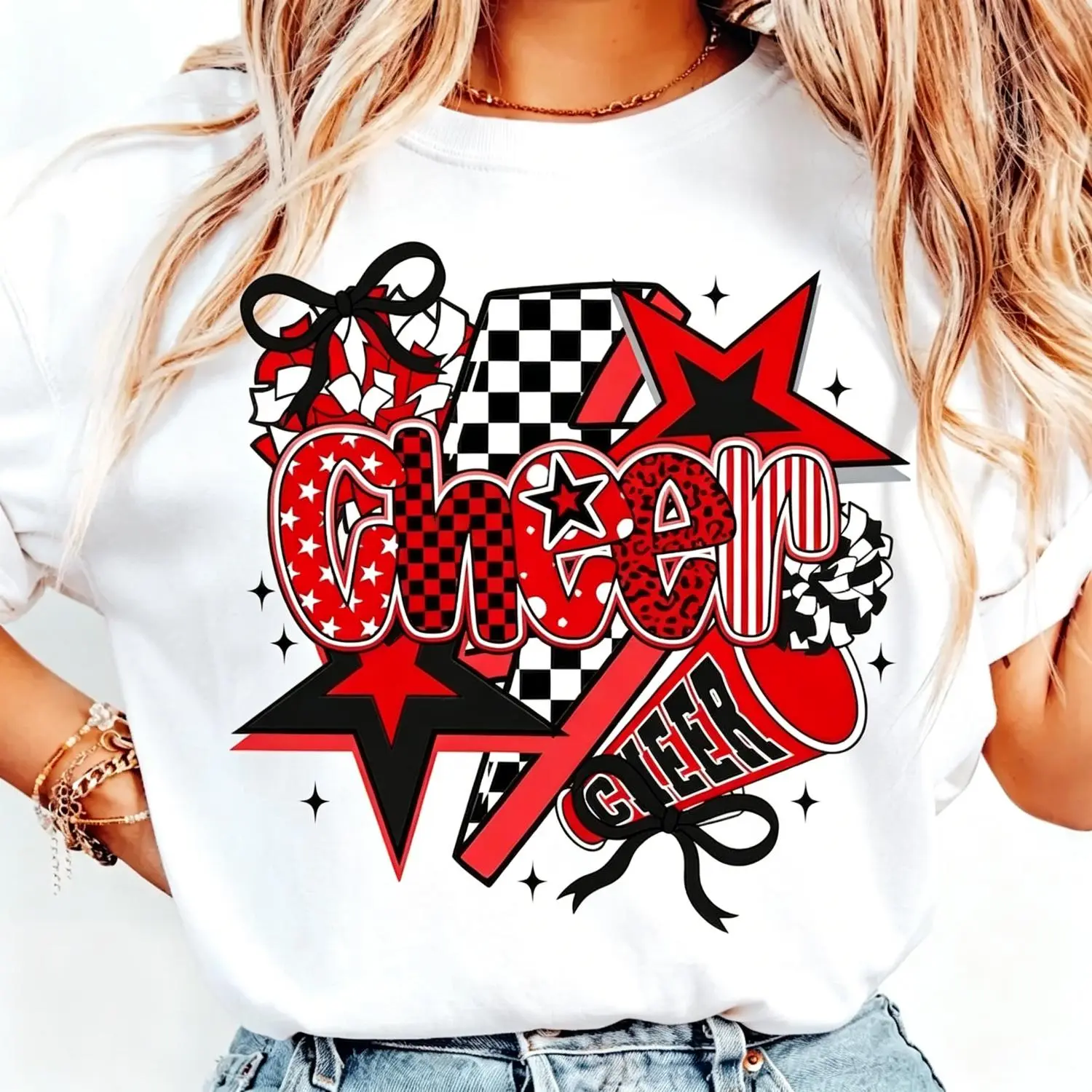 Cheer T-Shirt, Preppy Cheer Mom Shirt , Leopard Checkered Cheerleader T-Shirt