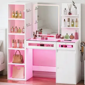 Makeup Vanity Desk with Lighted Mirror and RGB Drawers, Transparent Top Vanity Table with Charging Station, 5-Shelf Makeup Organizer for Women, White Furniture Vanity Set for Bedroom, Modern Dressing Table with Storage