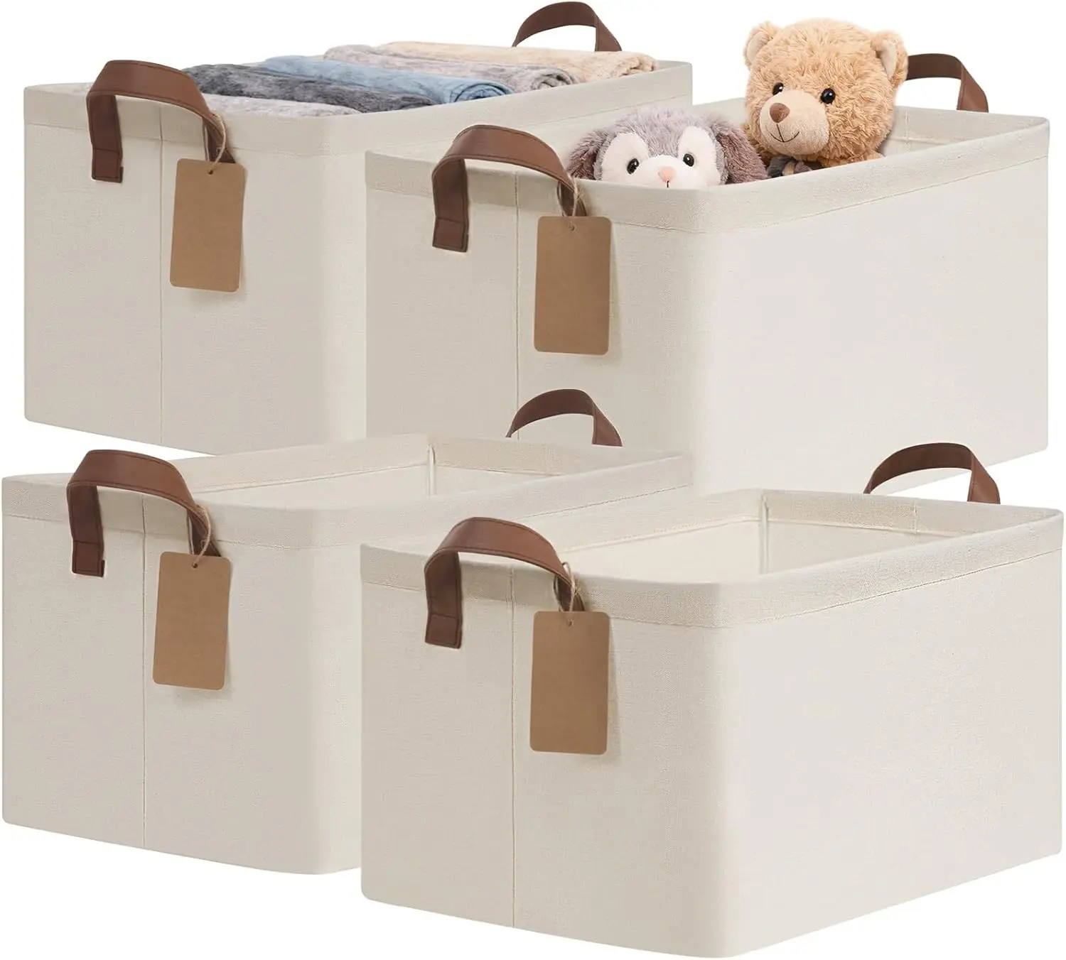 4 Pack Large Decorative Leather Waterproof Fabric Storage Baskets for Shelf & Laundry, Collapsible Closet Organizer Bins with Metal Frame, 16.8"x11"x9.8", Beige, Water Proof