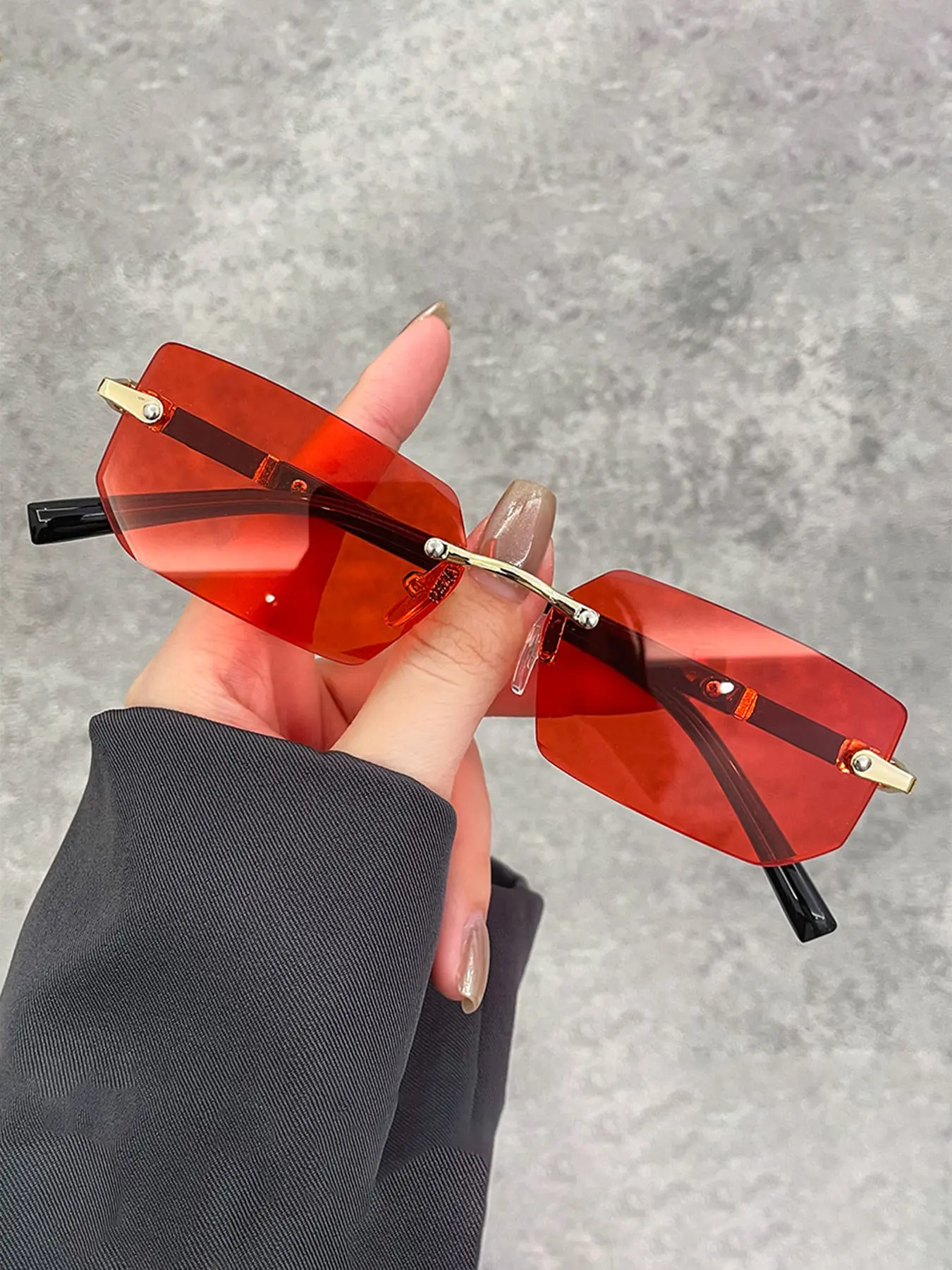 rectangular sunglasses, Fashionable Sunglasses, Frameless rectangular gradient lenses, men and women colored lens metal, available in multiple colors, metal temples increase durability, suitable for casual wear and daily use