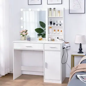 Cute Vanity Mackup Desk with Mirror and 3-Color Adjustable LED Lights,Large Storage Multi-Function Compact Dressering Table with Storage and Power Outlet,Bedside Table for Girl's Bedroom,Bedroom Furniture Gift for Men