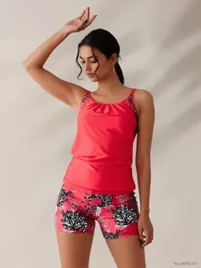 2026 Trendy Two-Piece Tankini Set – Red Floral Print Blouson Tankini Top with Boxer Shorts, Ruched Design, Adjustable Straps, Full Coverage, Modest and Flattering, Plus Size/Curvy Friendly, Casual Chic, Cute Women’s Swimwear for Summer Beach, Pool Parties