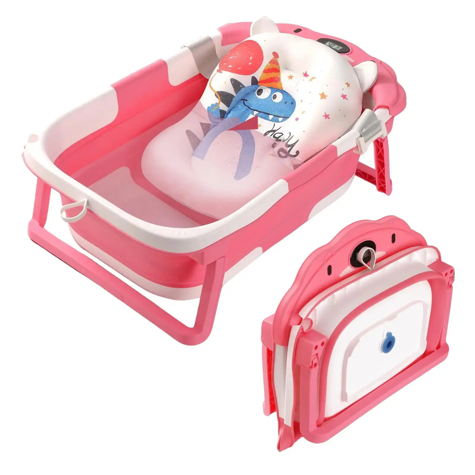 Baby Bathtub,Collapsible Baby Bath Tub with Thermometer & Soft Floating Cushion,Portable Travel Baby Bathtubs for Newborns to Toddlers 0-36 Months(Crab Pink)