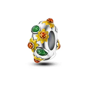 MULA Sunflower Spacer Beads, S925 Silver-plated Bright Enamel, Suitable for Pandora Bracelets and Necklaces, Ideal Natural Style Gift for Women and Girls on Birthdays, Mother's Day, Christmas