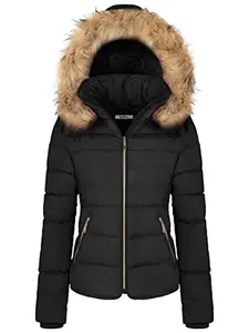 Women's Winter Quilted Puffer Coat Fleece Lined Warm Jacket with Removable Faux Fur Hood and Zipper Womenswear Comfortable