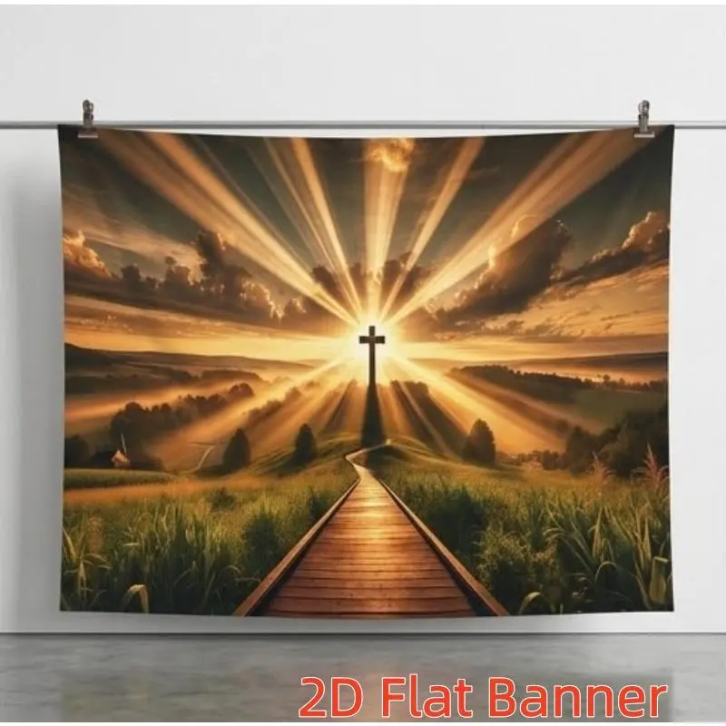 1PC Polyester 2D Flat Religious Backdrop - Jesus Cross Christian Church Decor, Sunlit Grassland Wooden Path Faith Tapestry for Indoors, Birthday Photography, Live Streaming